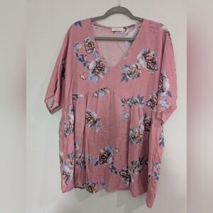 Chicsoul Pink Boxy Tunic Top Floral Size XL 100% Rayon